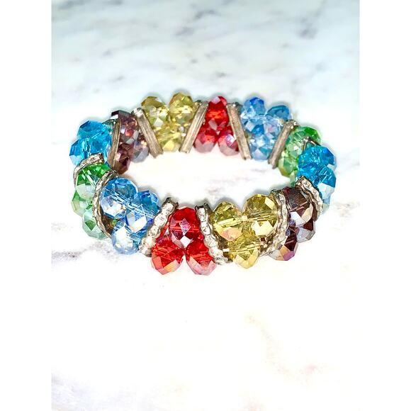 Double Row Rainbow Beaded Rhinestone Stretch Bracelet NWOT - Picture 1 of 7